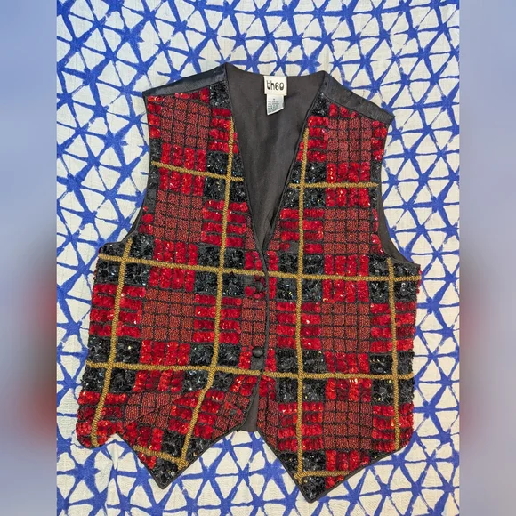 Vintage 70s 80s Theo Black & Red Plaid Heavily Sequined Vest Adult Small Beads - Picture 2 of 8